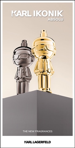 KARL IKONIK ABSOLU, THE NEW FRAGRANCES Karl Lagerfeld s ikonickými flakony parfémů ve zlatém a stříbrném provedení